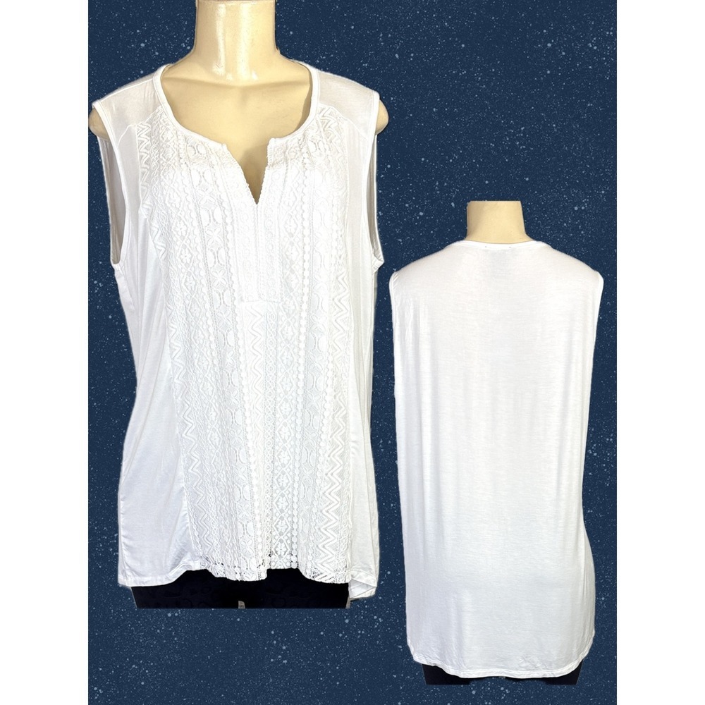 RXB White Crochet Lace Front Split V-Neckline Step-Hem Sleeveless Top-Large